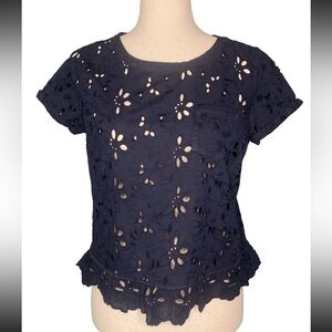 HOLLISTER Navy Eyelet Sheer Short Cuff Sleeve Round Neck Crop Top SZ XS